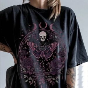 Black Graphic Tee with Skull and Butterfly Design